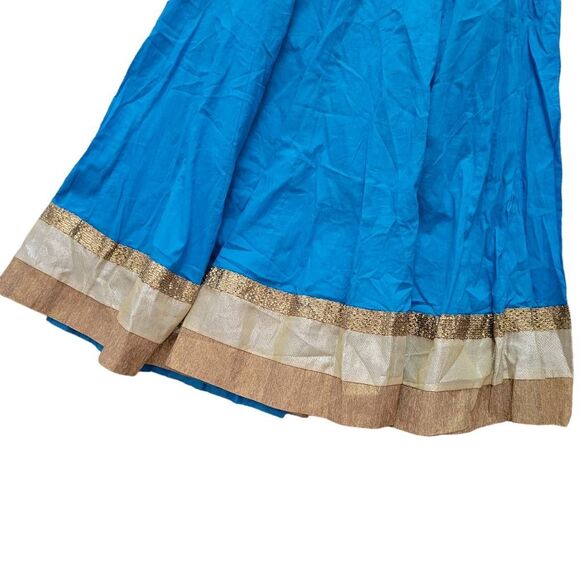 India Gold Border Sky Blue Turquoise Beads & Rhinestones Anarkali Long Dress - Picture 7 of 9